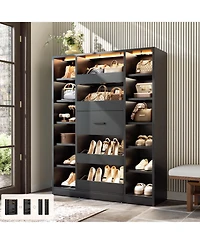 Aheaplus Wooden Shoes Cabinet with Led Lights, Freestanding Closet Organizer Drawer and Shelves