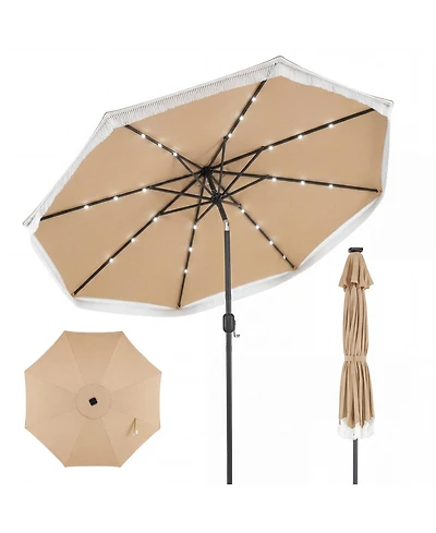 Gymax 9FT Solar Patio Umbrella w/24 Led Lights Fringe Push Button Tilt Crank Handle