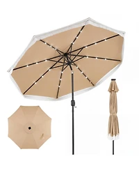 Gymax 9FT Solar Patio Umbrella w/24 Led Lights Fringe Push Button Tilt Crank Handle