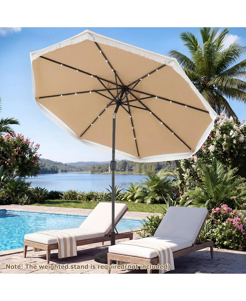 Gymax 9FT Solar Patio Umbrella w/24 Led Lights Fringe Push Button Tilt Crank Handle