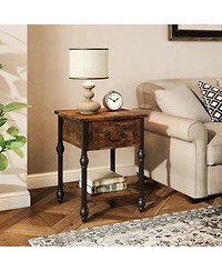 homfan Industrial End Table with Drawer and 2 Tiers, Retro Brown Nightstand for Bedroom Living Room