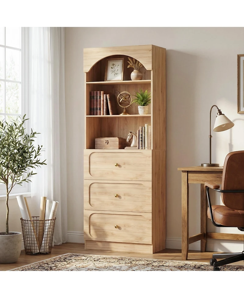 Aheaplus Wooden Pantry Storage Cabinets with 3-Tier Open Shelves, 80" Tall Bookshelf 3 Drawers