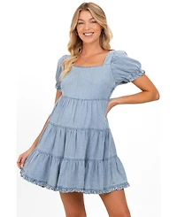Pinkblush Denim Washed Chambray Tiered Babydoll Maternity Mini Dress