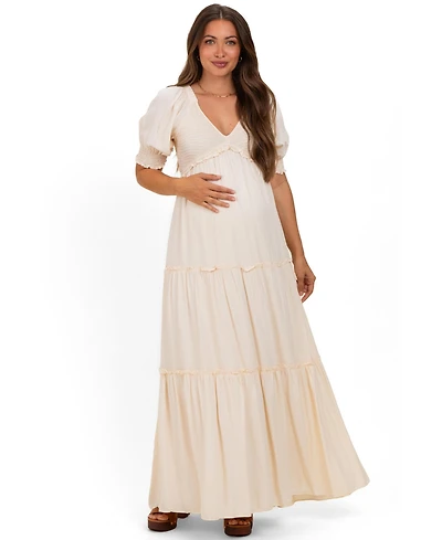 Pinkblush Maternity Cream V-Neck Smocked Tiered Maxi Dresses
