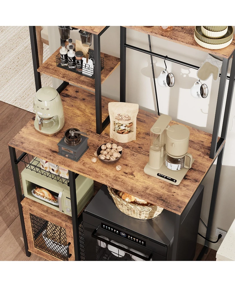 Kitchen Bakers Rack with Refrigerator Storage Space, Industrial Microwave Stand with Power Outlet, Freestanding Kitchen Shelf for Pantry