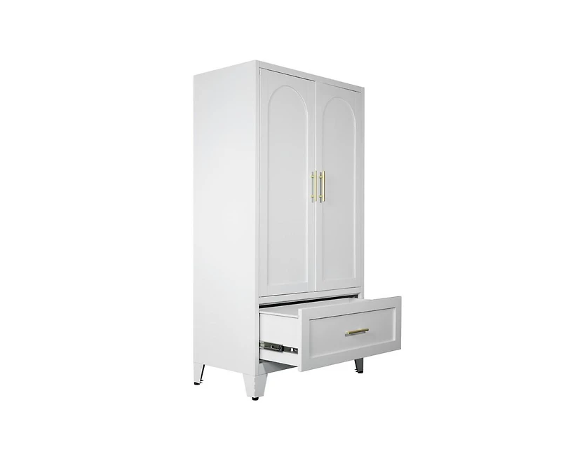 60" Tall Metal Storage Cabinet with 1 Drawer and Hanging Rod Wardrobe 2 Doors Wardrobe Closet with Shelf