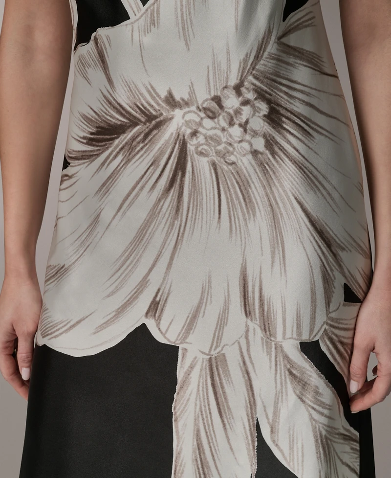 Donna Karan New York Women's Sleeveless Asymmetrical Neck Floral Midi Dress