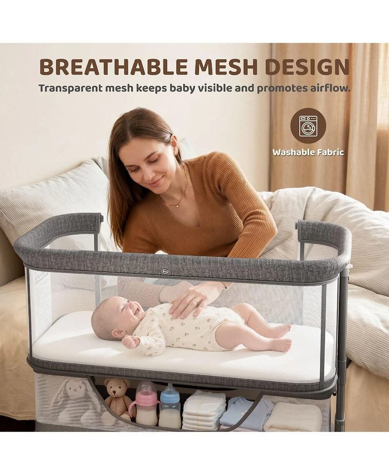 Kinder King Baby 3-in-1 Bassinet Bedside Sleeper with Adjustable Height, Mosquito Net and Wheels