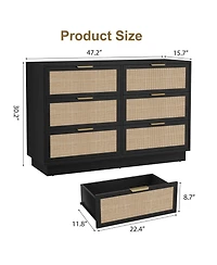 homfan 6-Drawer Rattan Dresser with Integrated Legs, 47" Wide Boho Chest for Bedroom Hallway Entryway Closet