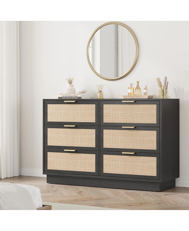 homfan 6-Drawer Rattan Dresser with Integrated Legs, 47" Wide Boho Chest for Bedroom Hallway Entryway Closet