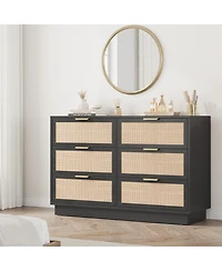homfan 6-Drawer Rattan Dresser with Integrated Legs, 47" Wide Boho Chest for Bedroom Hallway Entryway Closet