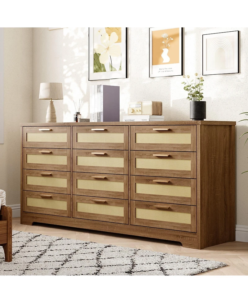 homfan 12-Drawer Rattan Dresser, Modern Chest of Drawers with Panels, Storage Organizer for Bedroom Nursery Entryway Living Room