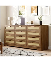 homfan 12-Drawer Rattan Dresser, Modern Chest of Drawers with Panels, Storage Organizer for Bedroom Nursery Entryway Living Room