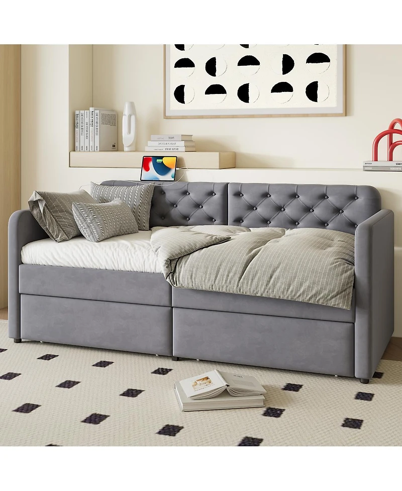 Streamdale Furniture Velvet Twin Daybed with 2 Drawers and Usb Charging