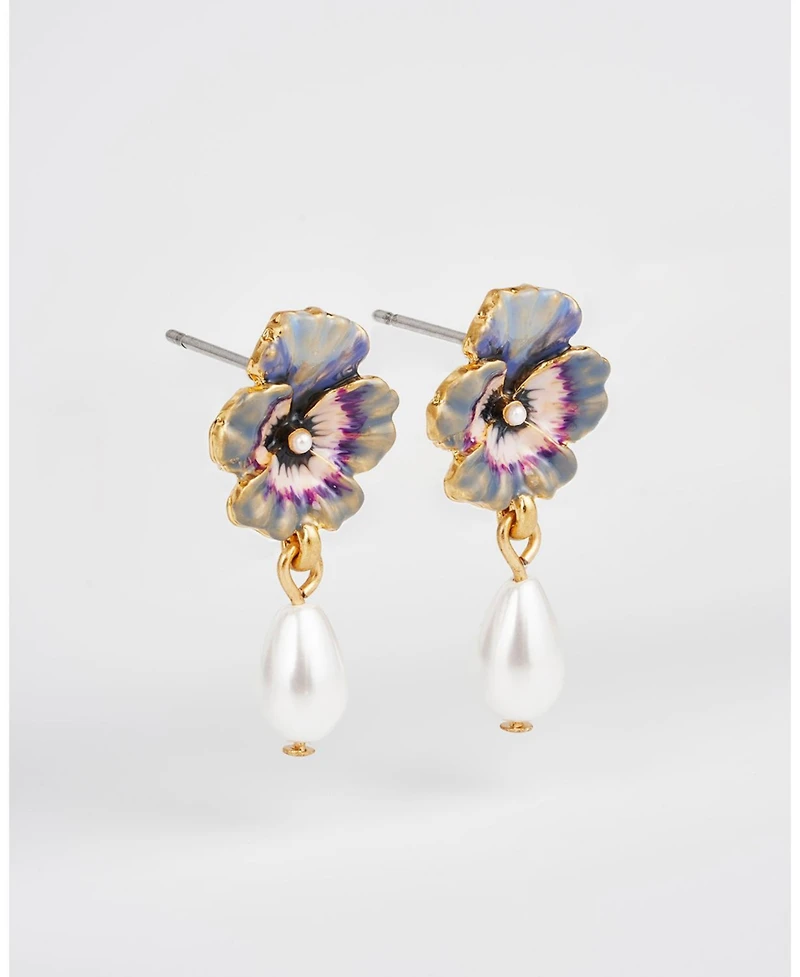 Fable England Gold Pansy and Pearl Drop Stud Earrings