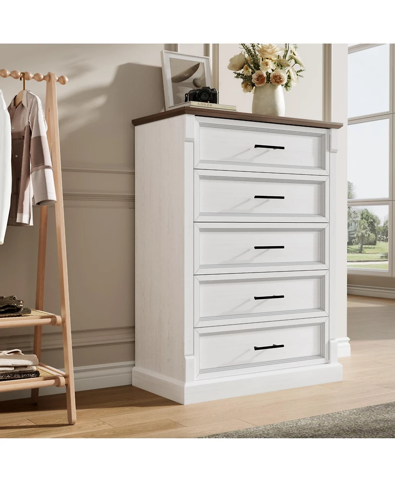 homfan 5-Drawer Farmhouse Tall Chest with Metal Handles, Rustic Dresser for Bedroom Living Room Hallway, Multiple Finishes