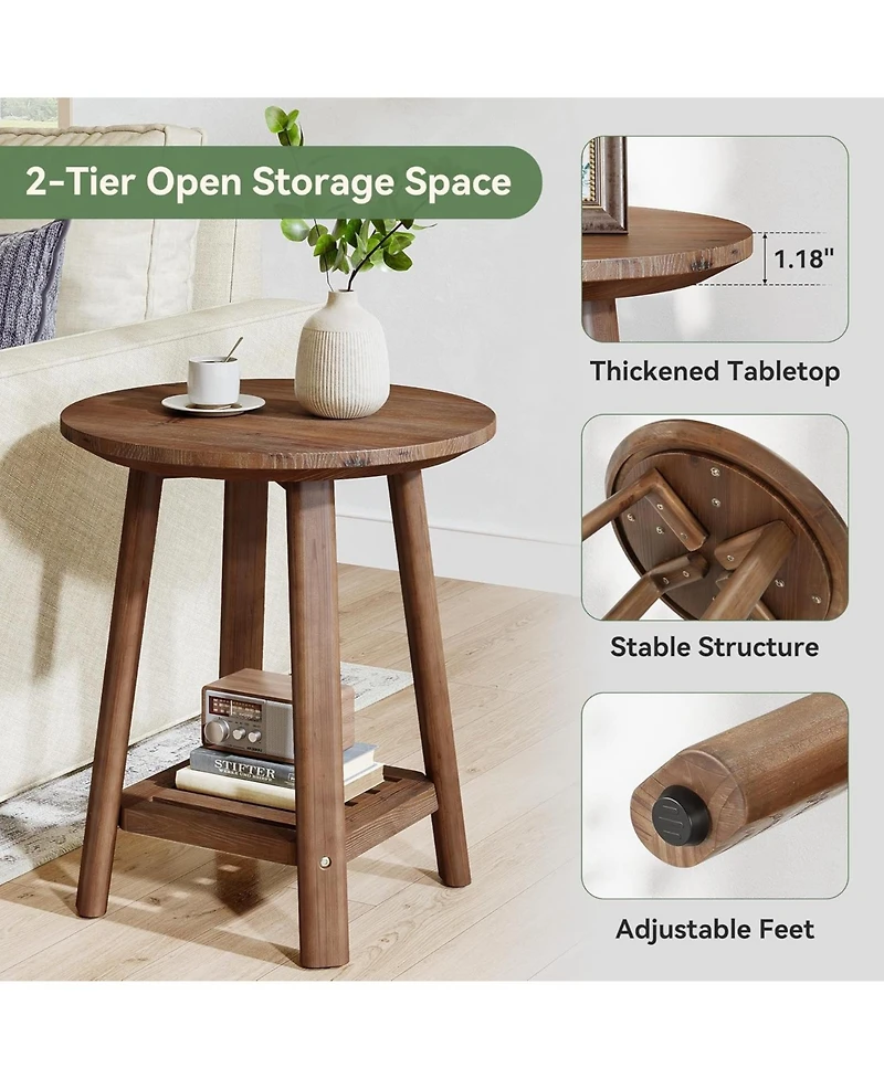 Tribesigns Solid Wood Round Side Table, 2-Tier Small End Table with Storage Shelf