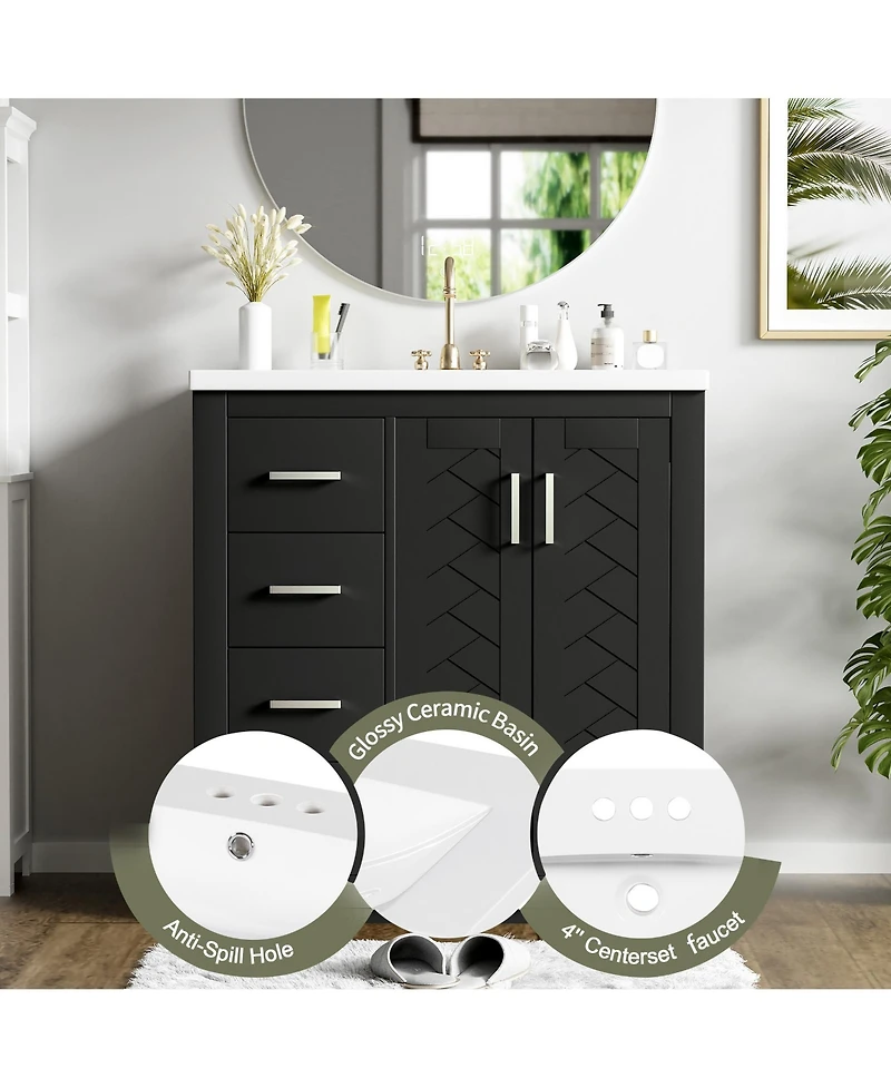 Phying 30Inch Bathroom Vanity with Ceramic Sink Combo Solid Wood Frame Bathroom Storage Cabinet Set with 3 Drawers and Soft Closing Doors