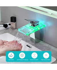 Phying Bathroom Sink Faucet Led Light 3 Colors Changing Waterfall Glass Spout Hot Cold Water Mixer Single Handle One Hole Deck Mounted Bathroom Faucet