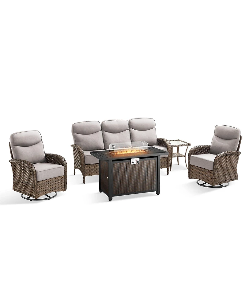 Pocassy Patio Furniture Set with 6-inch Thick Cushion, Outdoor Pit Table, Swivel Chairs, Side Sofa, 5pcs Wicker Conversation