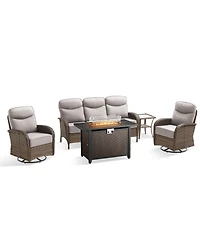 Pocassy Patio Furniture Set with 6-inch Thick Cushion, Outdoor Pit Table, Swivel Chairs, Side Sofa, 5pcs Wicker Conversation