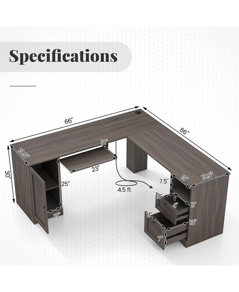 Slickblue 66 Inch L Shaped Computer Desk with Built In Power Outlets