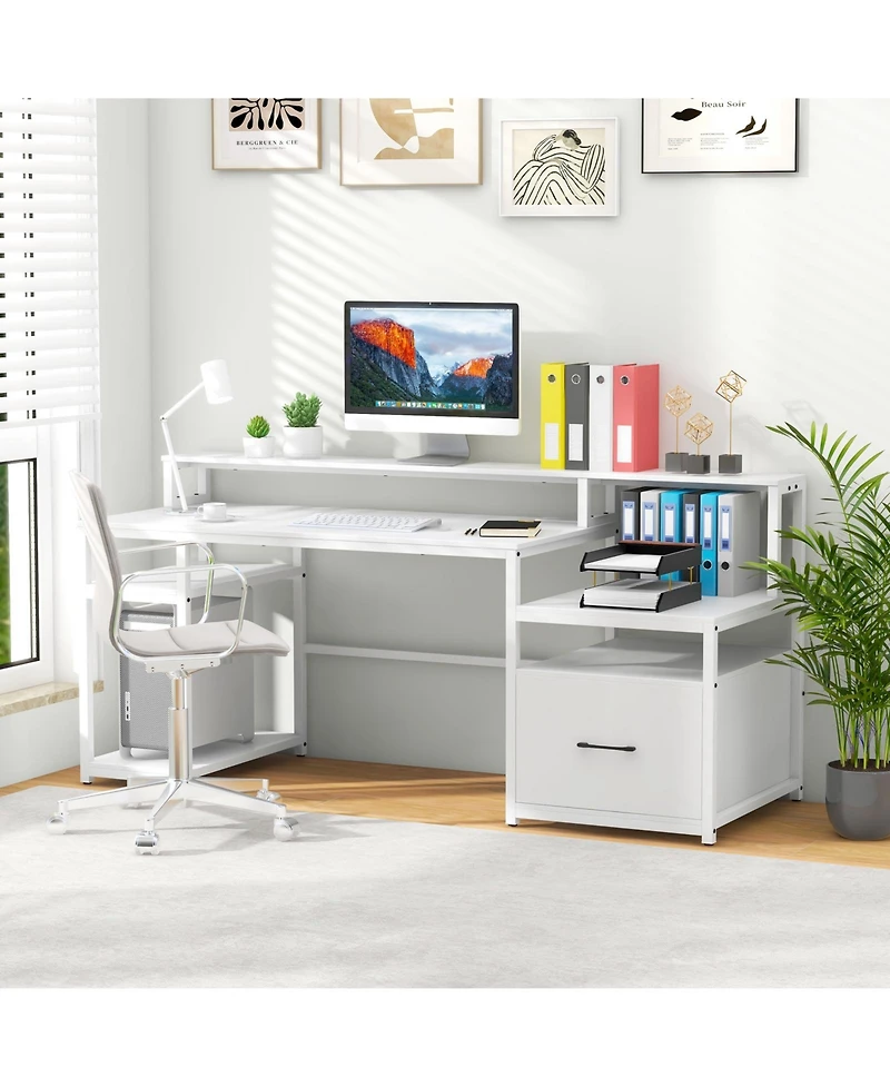 Slickblue 67 Inch Computer Desk with Monitor Stand and File Drawer