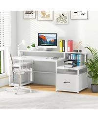 Slickblue 67 Inch Computer Desk with Monitor Stand and File Drawer