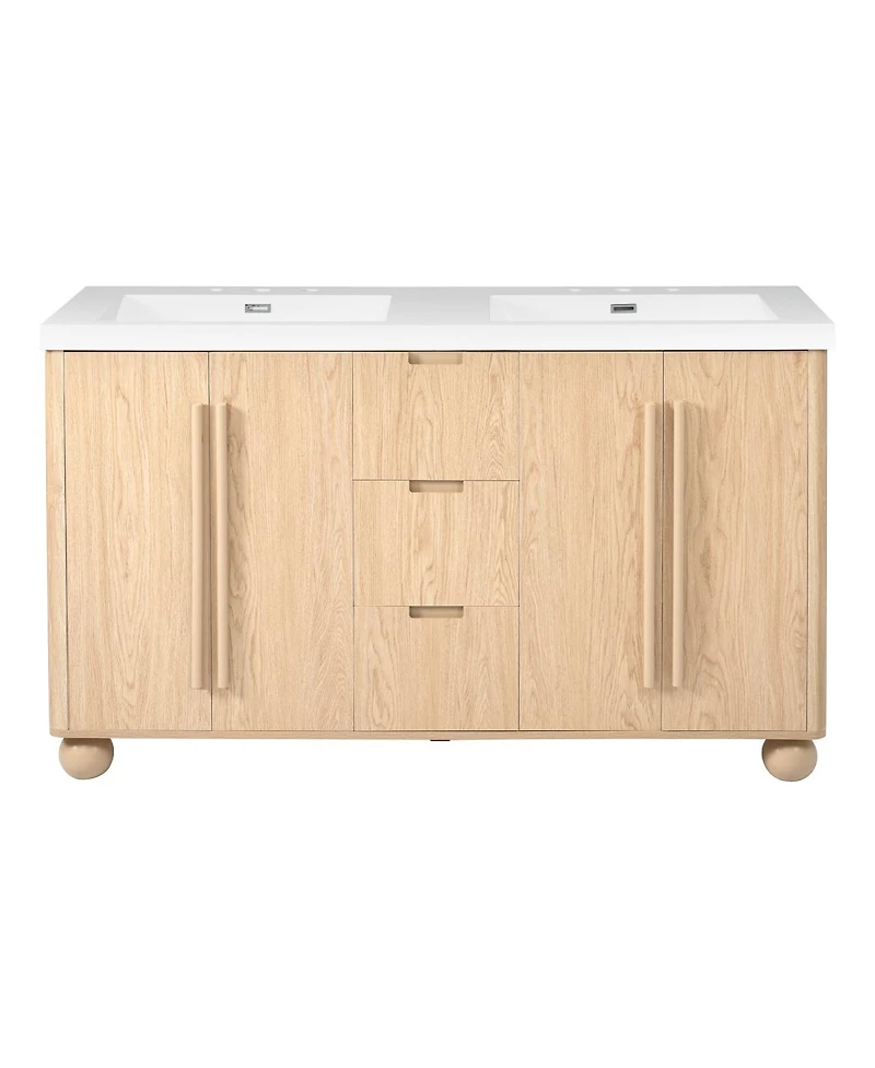 Sillysis 59 Inch Double Sink Bathroom Vanity with Resin Top, Wood Grain Freestanding Cabinet, Soft Close Drawers, Adjustable Shelves