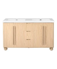 Sillysis 59 Inch Double Sink Bathroom Vanity with Resin Top, Wood Grain Freestanding Cabinet, Soft Close Drawers, Adjustable Shelves