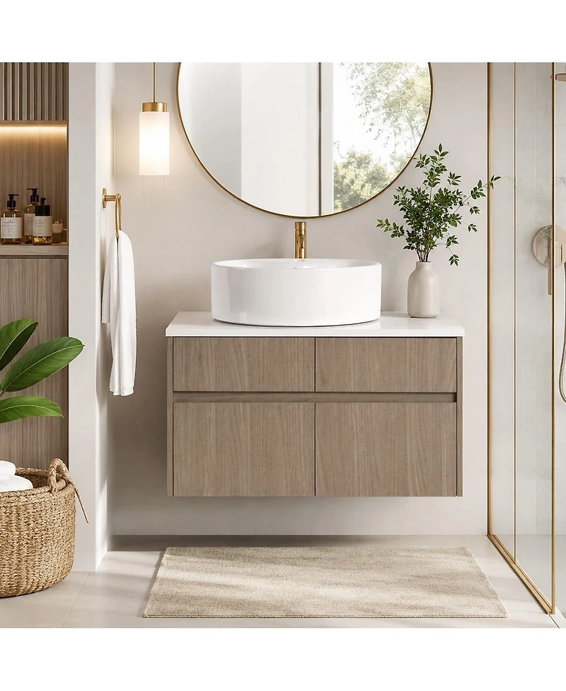Sillysis 31.5 Inch Wall Mounted Bathroom Vanity with Round Ceramic Sink, Storage Drawers and Wood Grain Finish for Modern Bathrooms