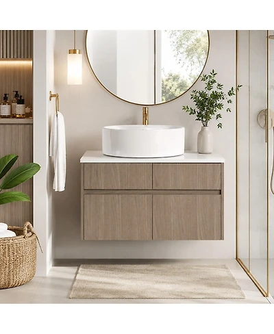 Sillysis 31.5 Inch Wall Mounted Bathroom Vanity with Round Ceramic Sink, Storage Drawers and Wood Grain Finish for Modern Bathrooms