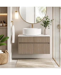 Sillysis 31.5 Inch Wall Mounted Bathroom Vanity with Round Ceramic Sink, Storage Drawers and Wood Grain Finish for Modern Bathrooms