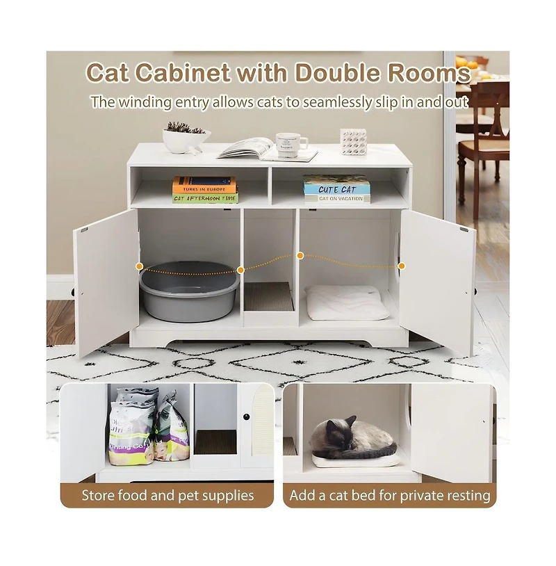Ruie 43 in Dual-Room Cat Litter Box Enclosure with Sisal Scratching Mats