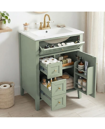 Sillysis 24 Inch Bathroom Vanity with Ceramic Sink, Classic Modern Freestanding Cabinet, Soft Close Drawers for Small Bathrooms