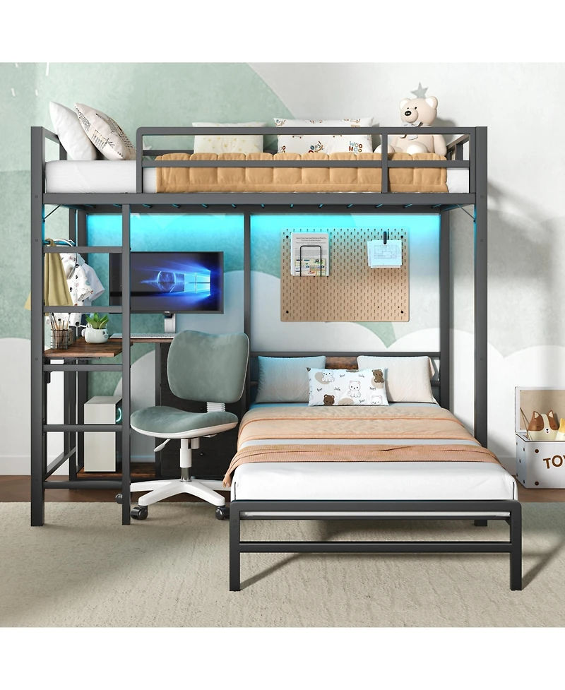 Sailvan Metal Bunk Bed with Folding Table, Led Lights and Charging Station