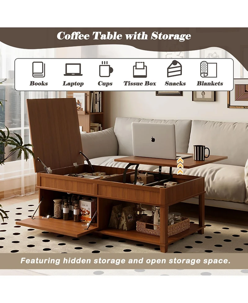 Rainsken Lift-Top Coffee Table, with Hidden Compartment, Open Shelf, and Adjustable Desktop, for Living Room Office