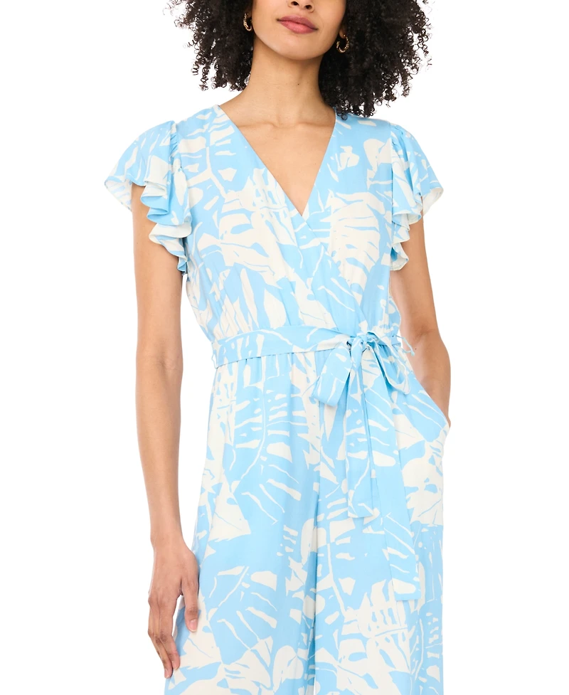 Sam & Jess Women's Printed Tie-Waist Flutter-Sleeve V-Neck Jumpsuit