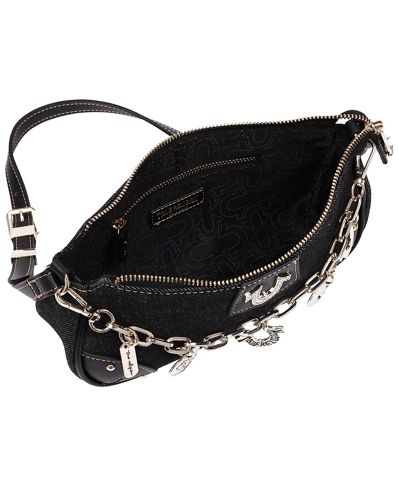 True Religion Women's Horseshoe Chain Shoulder Bag - Charm Detail Zip Top Purse with Adjustable Strap
