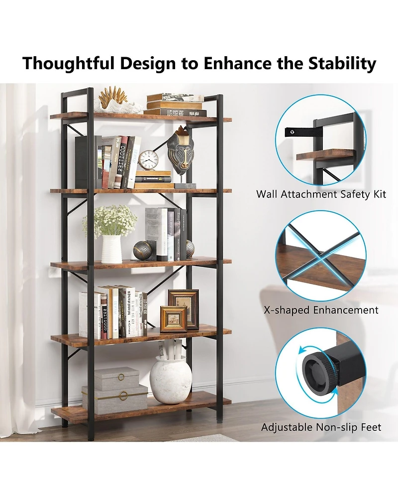 Slickblue Modern Industrial Bookshelf with Five Levels for Books and Accessoriess