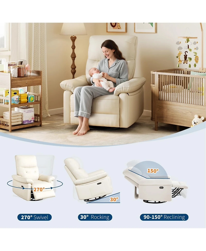 homfan Pu Leather Upholstered Power Recliner Chair, 270degree(s) Swivel Rocking Glider with Usb Charging Port, Comfortable Rocker Nursery Single Sofa