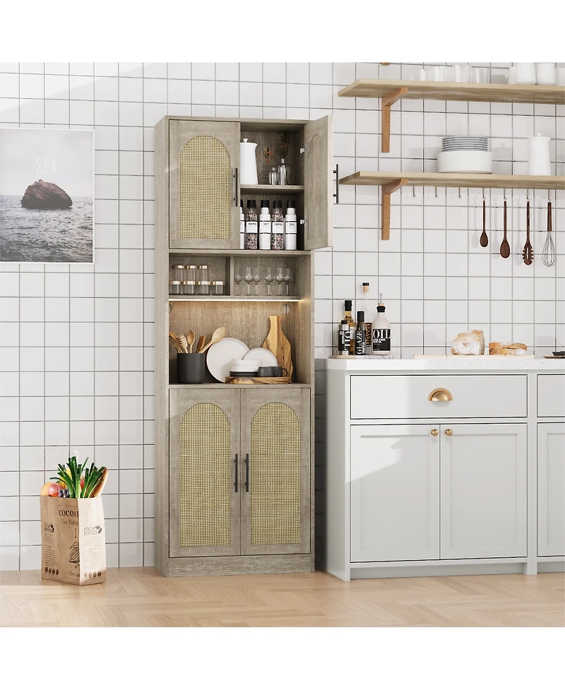 homfan 71 Inch Tall Kitchen Pantry Cabinet - Farmhouse Oak Hutch Storage with Led and Rgb Light, Microwave Shelf, Adjustable Shelves