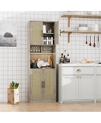 homfan 71 Inch Tall Kitchen Pantry Cabinet - Farmhouse Oak Hutch Storage with Led and Rgb Light, Microwave Shelf, Adjustable Shelves