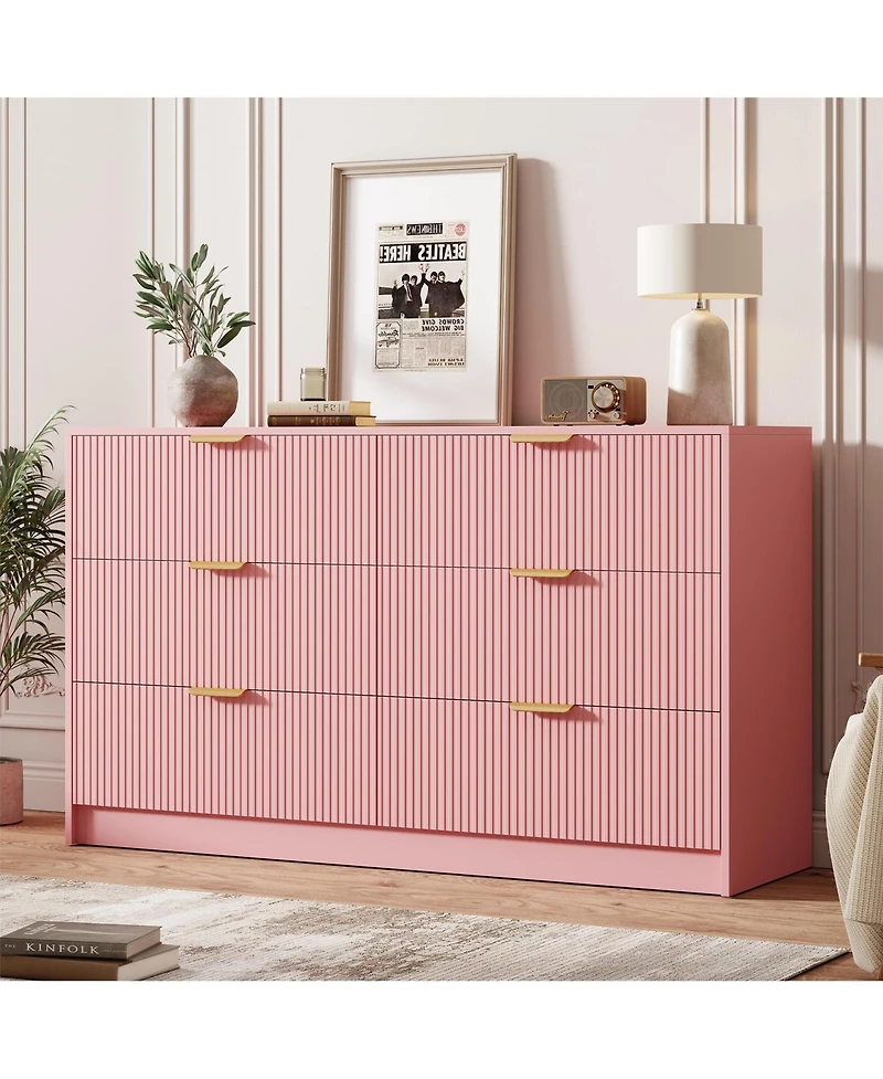 homfan 54" Fluted 6-Drawer Dresser with Handles, Modern Storage Chest for Bedroom and Living Room, Multiple Finishes