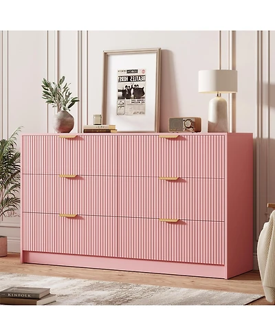 homfan 54" Fluted 6-Drawer Dresser with Handles, Modern Storage Chest for Bedroom and Living Room, Multiple Finishes