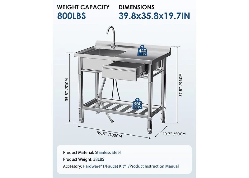 Aecojoy Stainless Steel Utility Sink, Free Standing Single Bowl Commercial Kitchen Sinks with Faucet