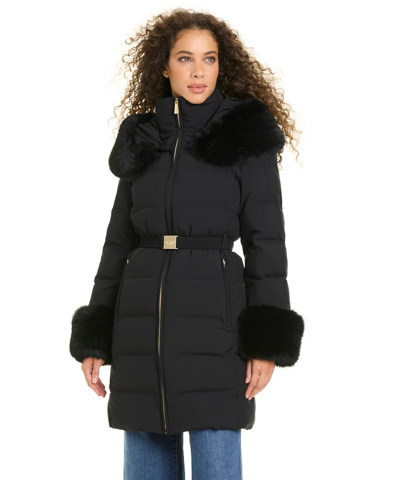 Kate Spade New York Women's Faux-Fur Arm Cuff Hooded Puffer Coat