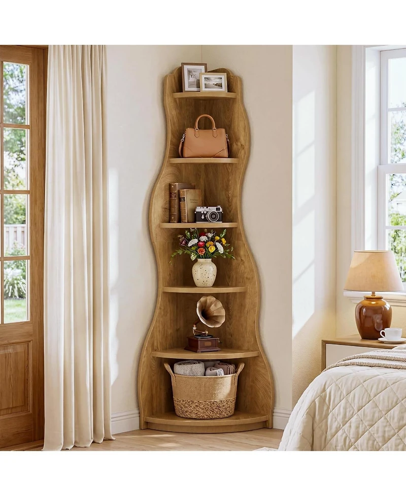 Tribesigns 6-Tier Modern Wavy Corner Shelf, 68.9-Inch Wall Corner Display Bookshelf, Unique Tall Bookcase Storage Rack Plant Stand