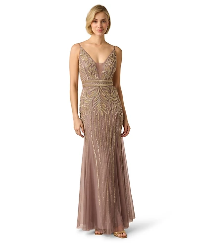 Adrianna Papell Women's Sleeveless V-Neck Beaded Ball Gown