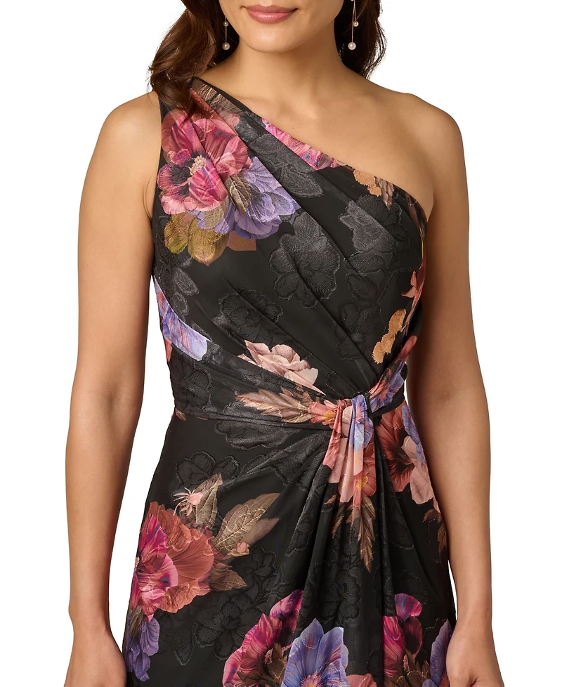 Adrianna Papell Women's Printed One-Shoulder Chiffon Ball Gown